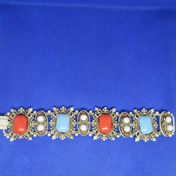 Vintage 1950s Enamel Celluloid Cabochon Section Bracelet Antiqued White Enamel - Picture 11 of 12